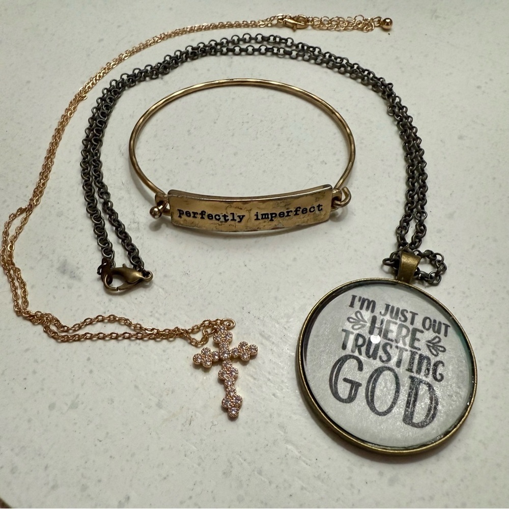 Gold and Bronze Faith Inspirational Jewelry Set 2 Necklaces 1 Bracelet God Jesus
